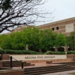 the arizona state university sign is in front of a building